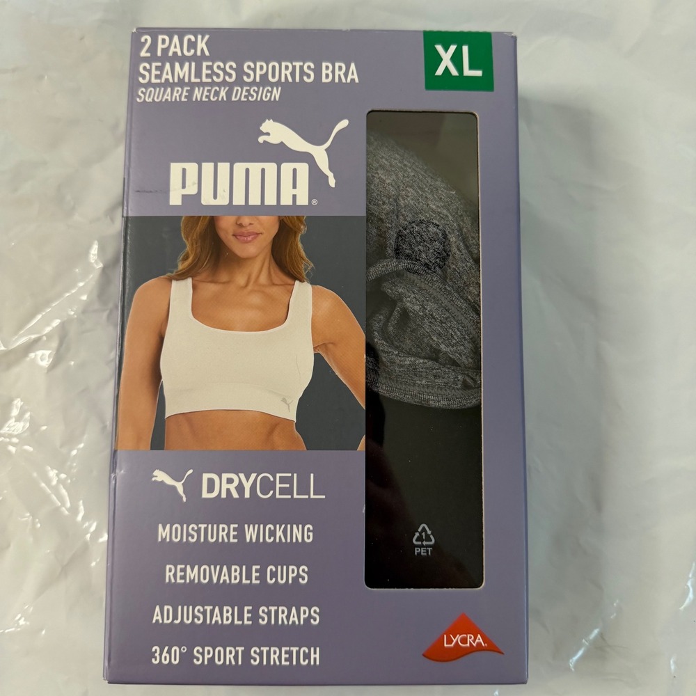Puma Womens 2 Pack Seamless Sports Bra Square Neck DryCell Grey Black XL 4155